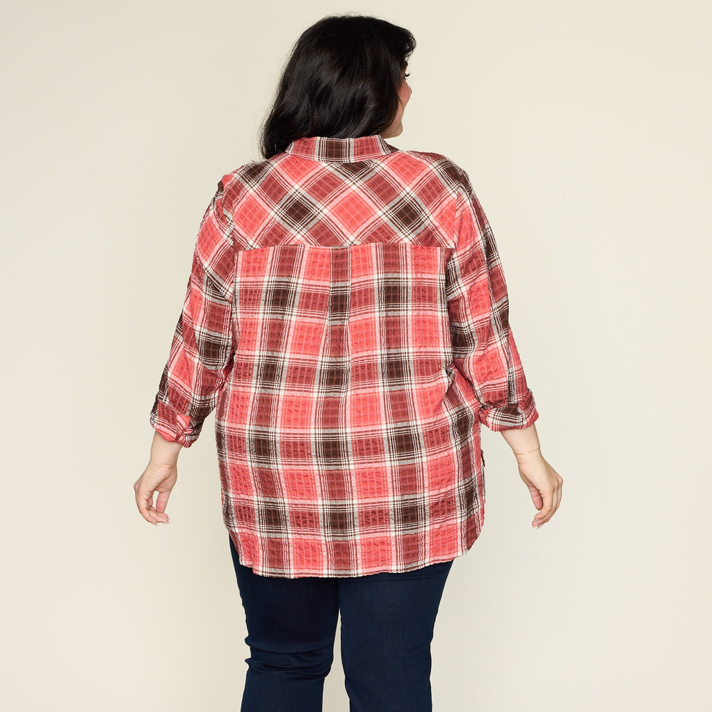Mineral Red Crinkle Plaid Button Front Shirt