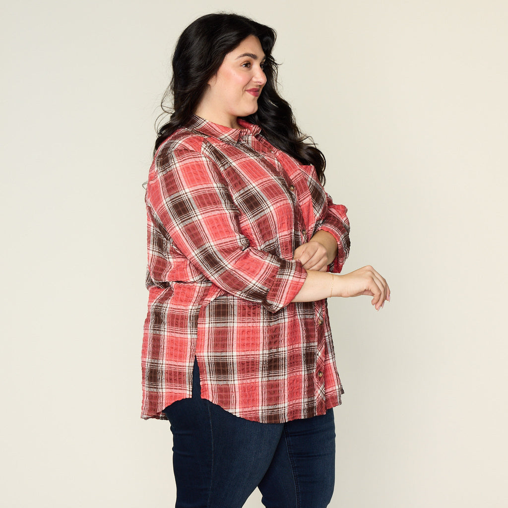 Mineral Red Crinkle Plaid Button Front Shirt