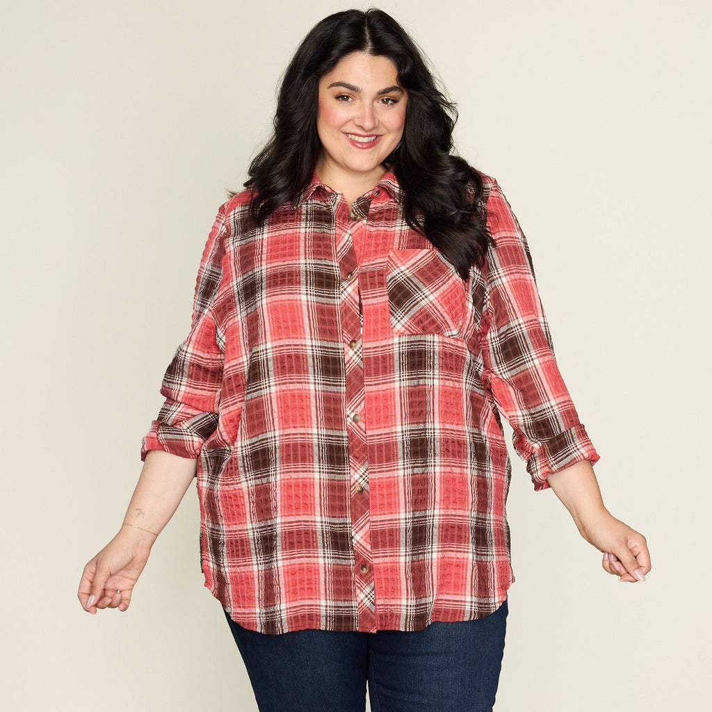 Mineral Red Crinkle Plaid Button Front Shirt