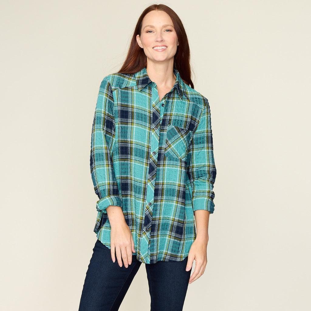 Teal Crinkle Plaid Button Front Shirt