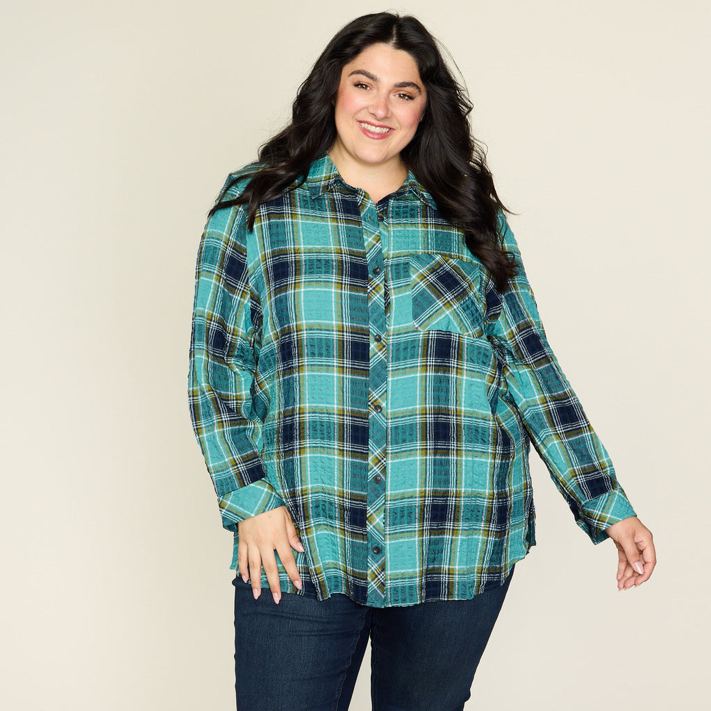 Teal Crinkle Plaid Button Front Shirt