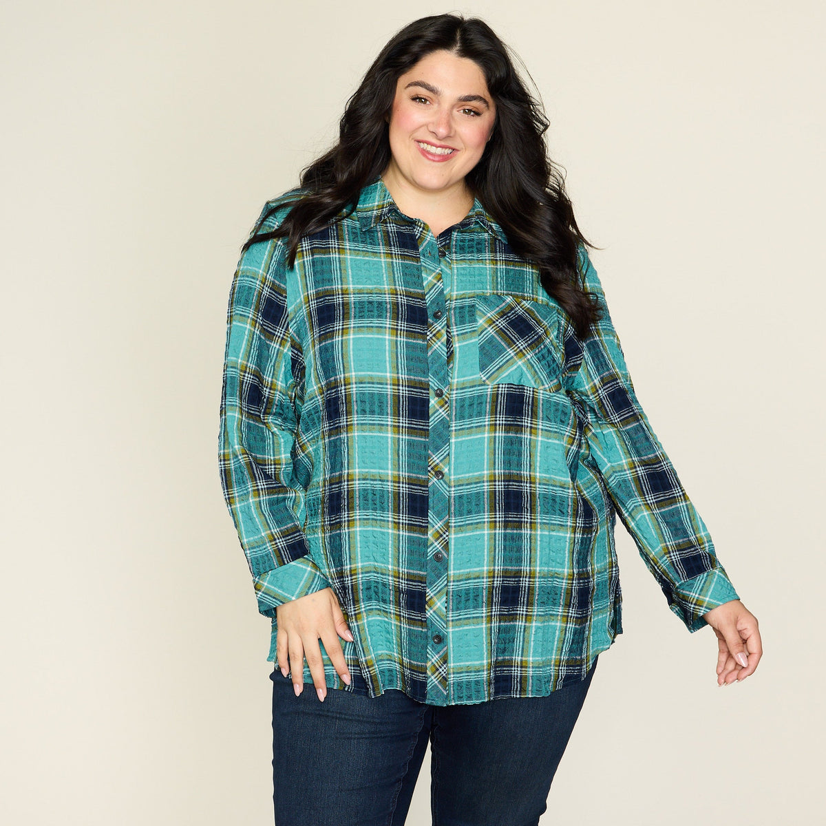 Teal Crinkle Plaid Button Front Shirt