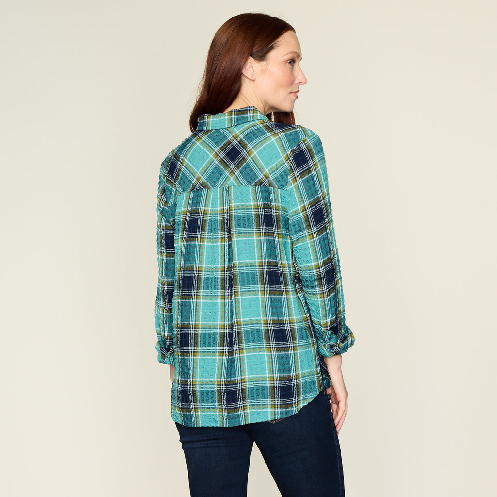 Teal Crinkle Plaid Button Front Shirt