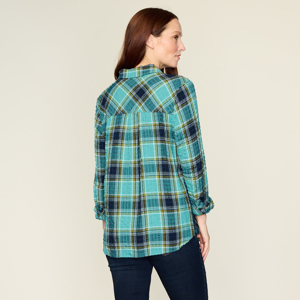Teal Crinkle Plaid Button Front Shirt