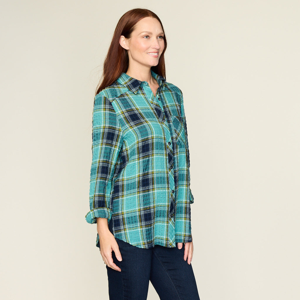 Teal Crinkle Plaid Button Front Shirt