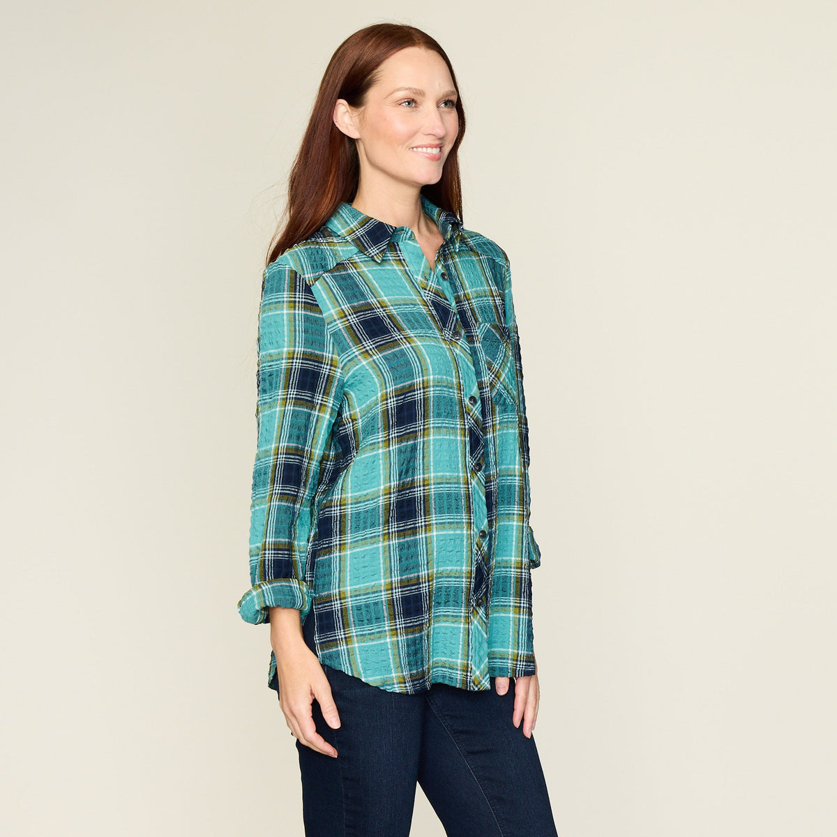 Teal Crinkle Plaid Button Front Shirt