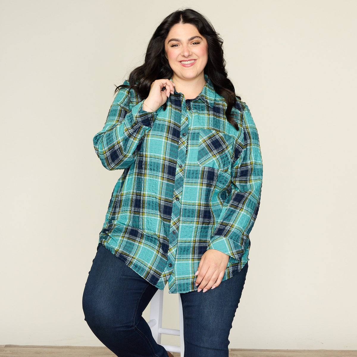 Teal Crinkle Plaid Button Front Shirt