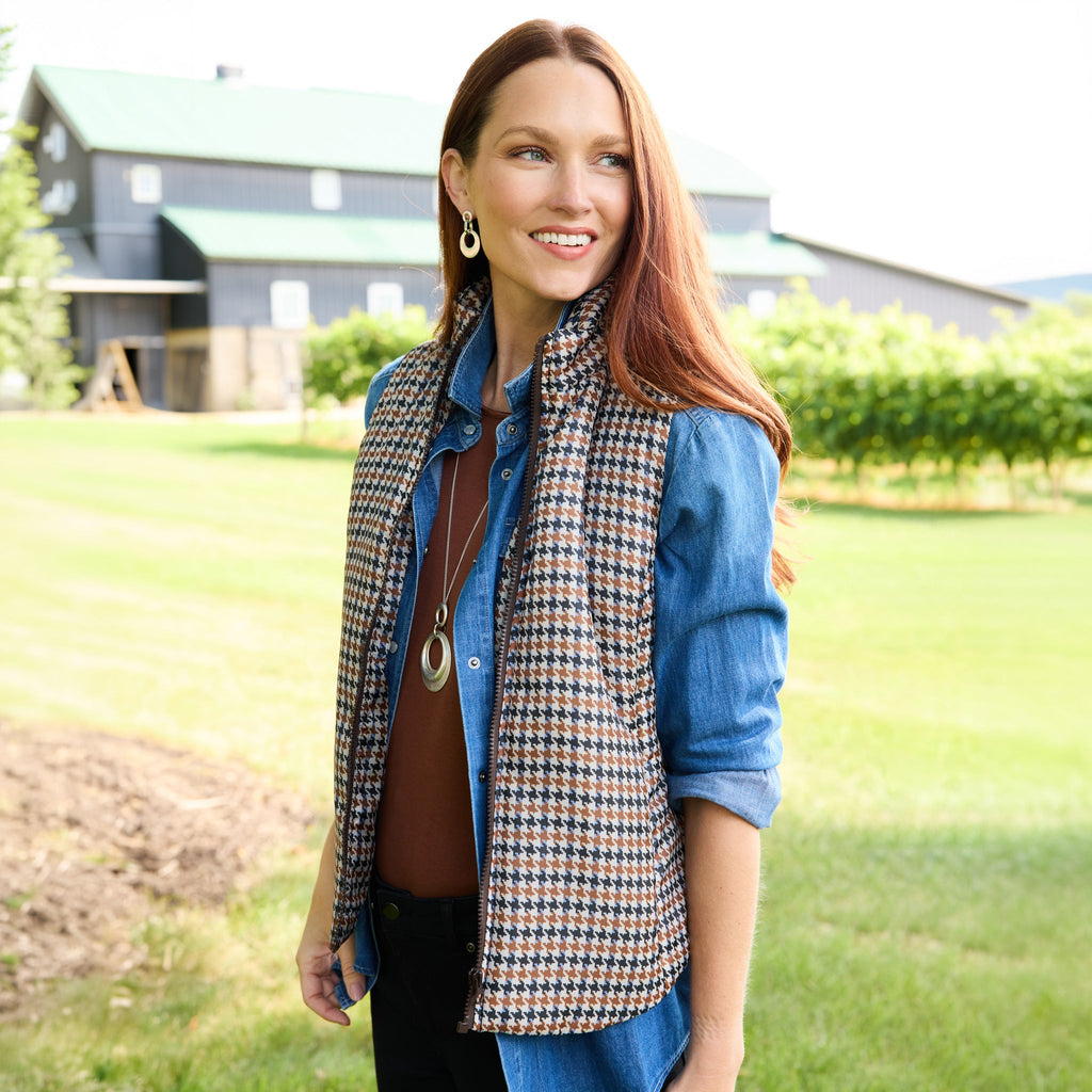 Houndstooth Print Zip Front Vest