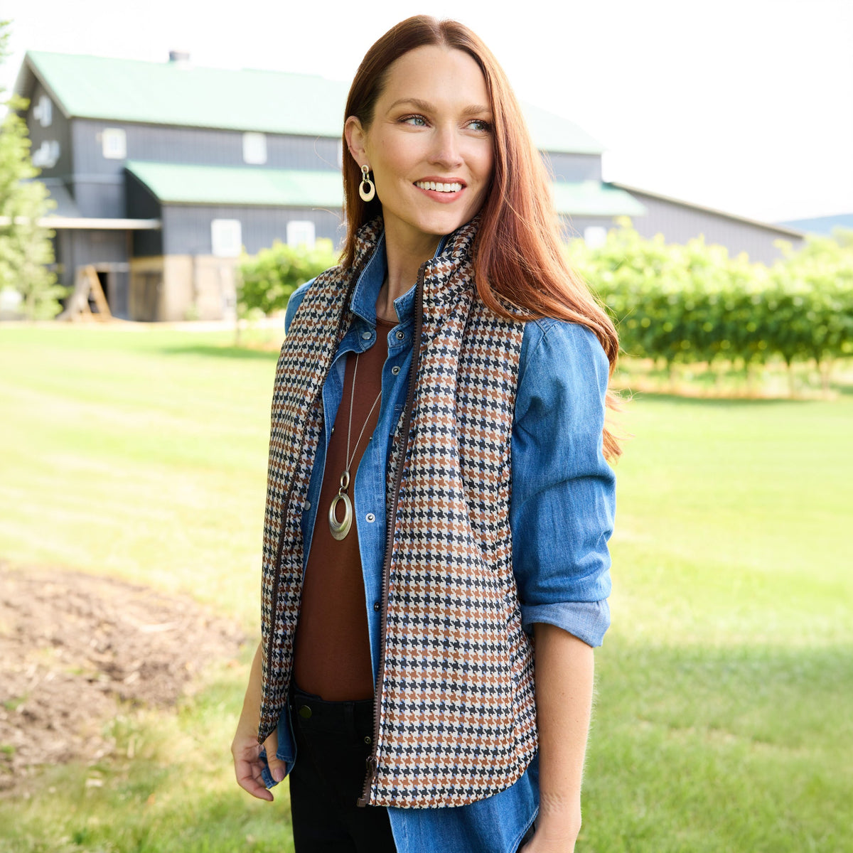 Houndstooth Print Zip Front Vest
