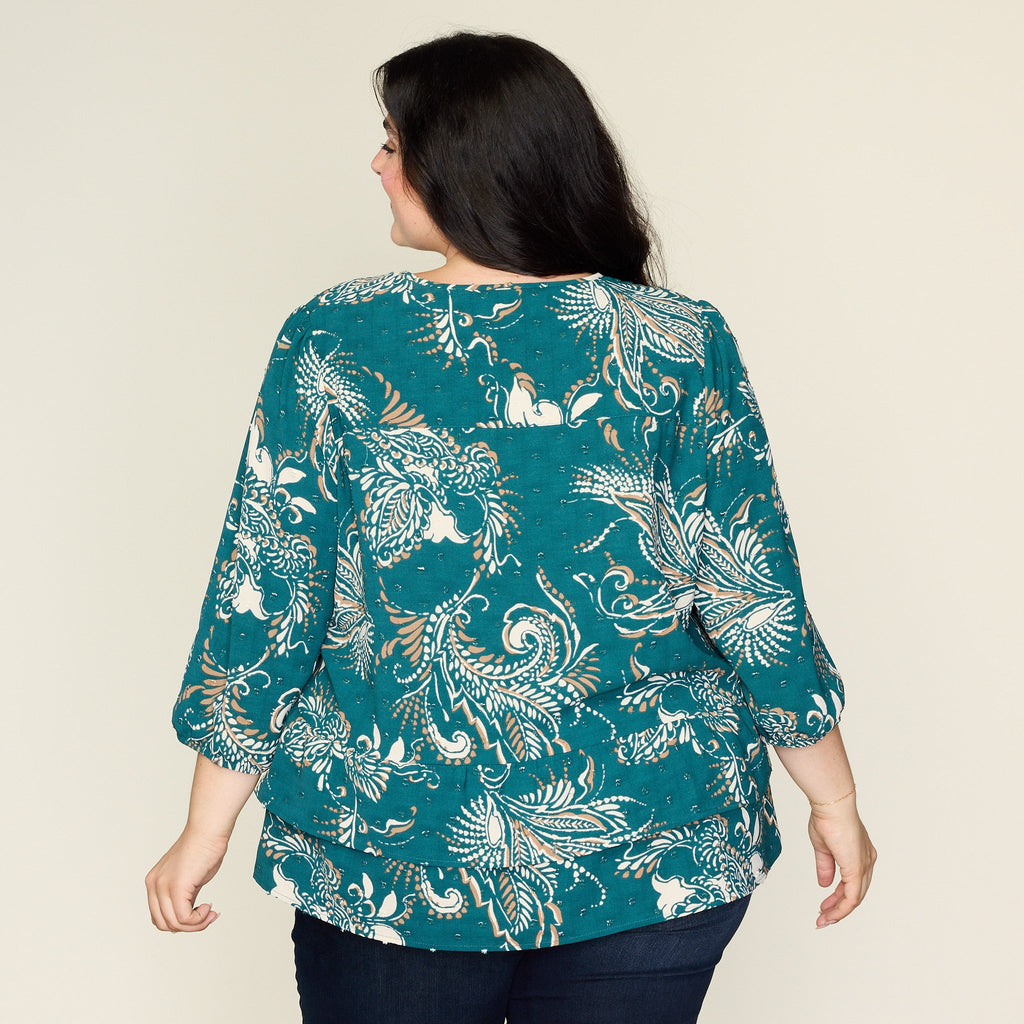 Clip Dot Paisley Print Ruffle Hem Blouse