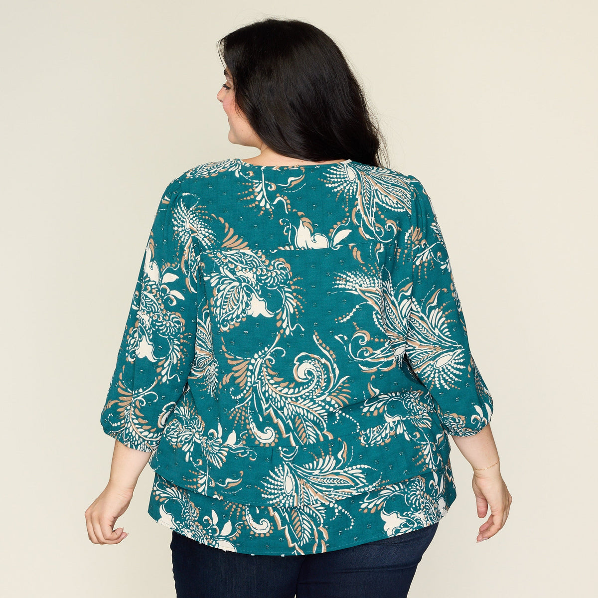 Clip Dot Paisley Print Ruffle Hem Blouse
