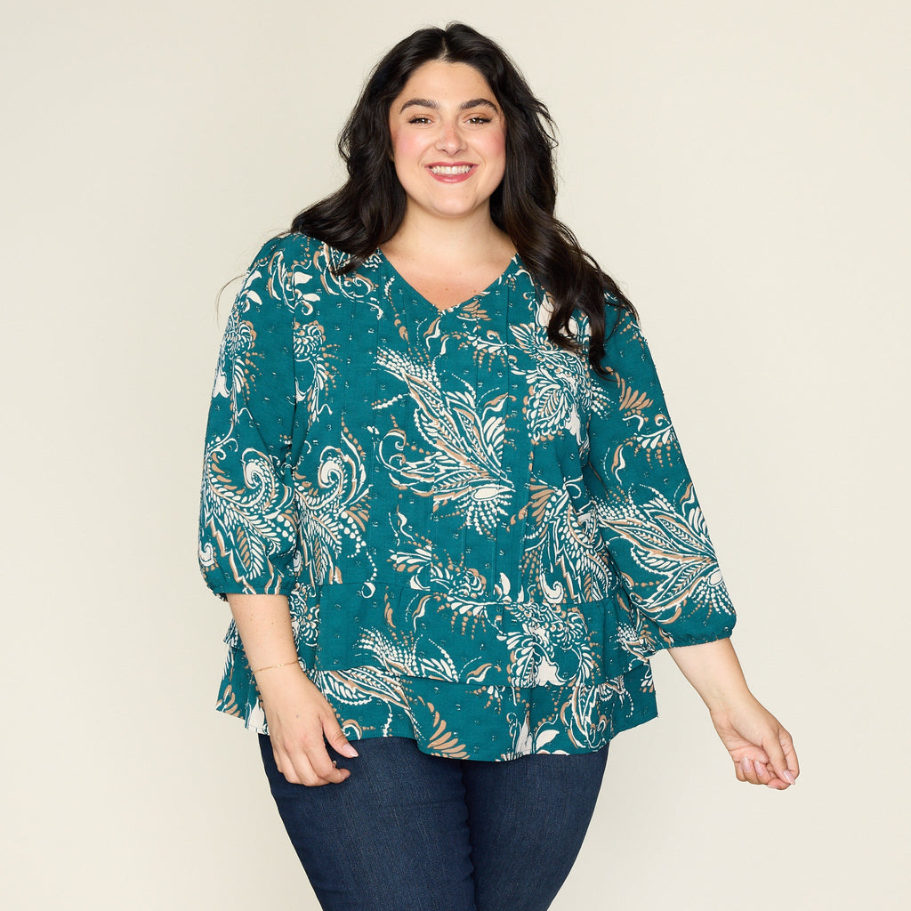Clip Dot Paisley Print Ruffle Hem Blouse