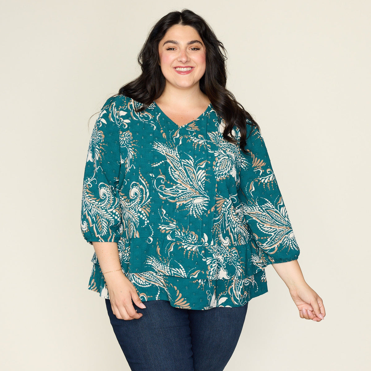 Clip Dot Paisley Print Ruffle Hem Blouse