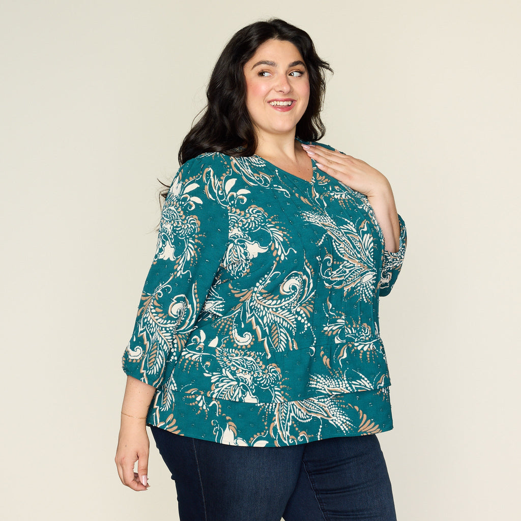 Clip Dot Paisley Print Ruffle Hem Blouse