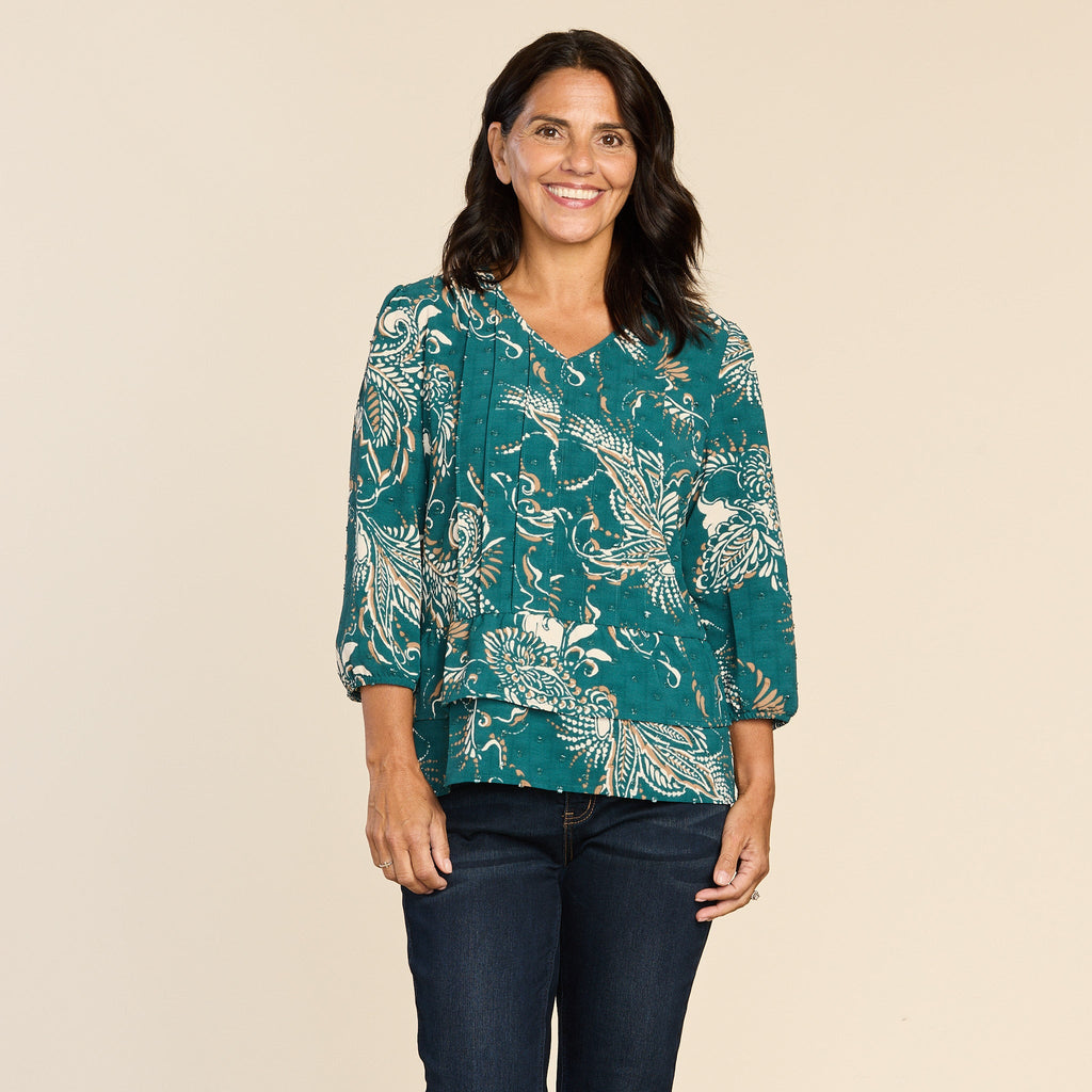 Clip Dot Paisley Print Ruffle Hem Blouse