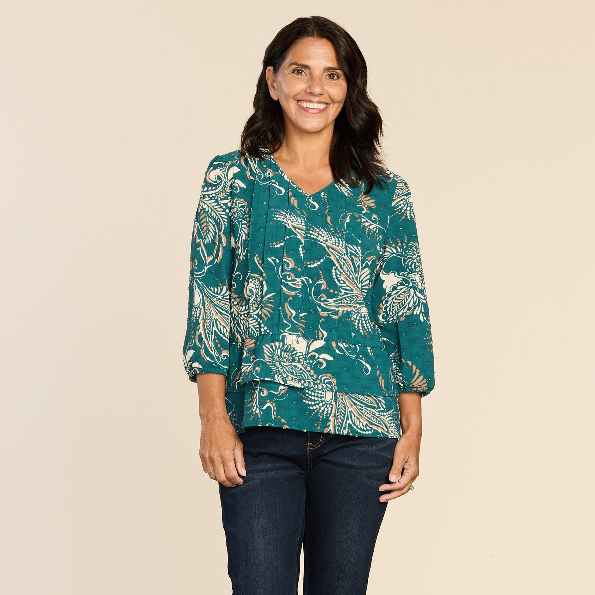 Clip Dot Paisley Print Ruffle Hem Blouse