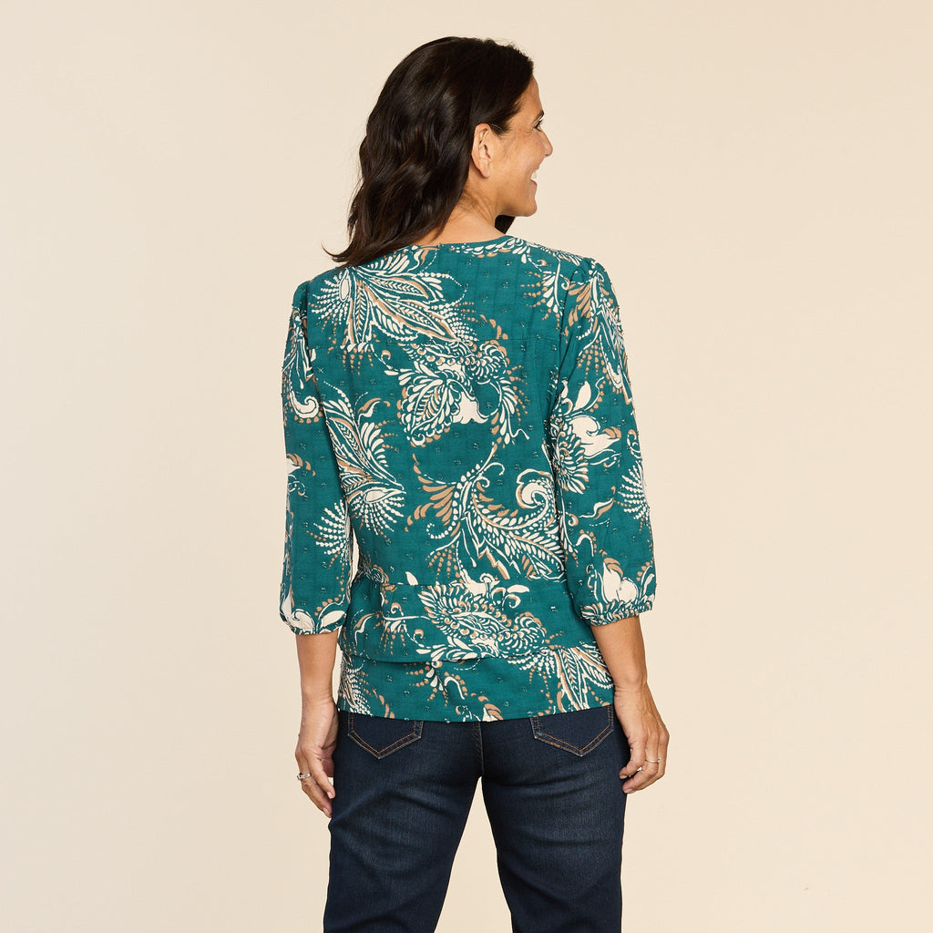 Clip Dot Paisley Print Ruffle Hem Blouse