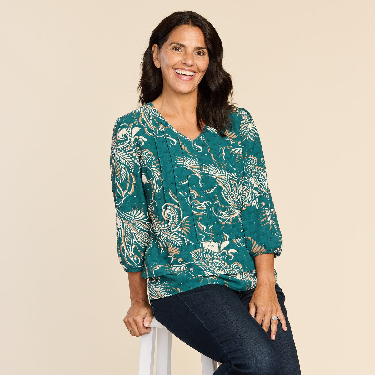 Clip Dot Paisley Print Ruffle Hem Blouse