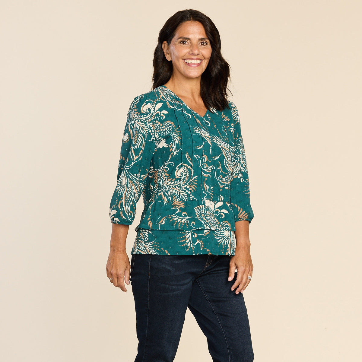 Clip Dot Paisley Print Ruffle Hem Blouse