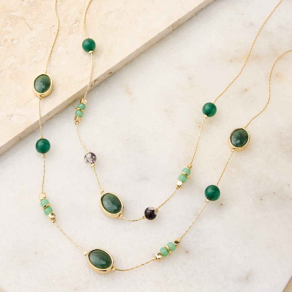 Layered Multi Green Beaded Necklace