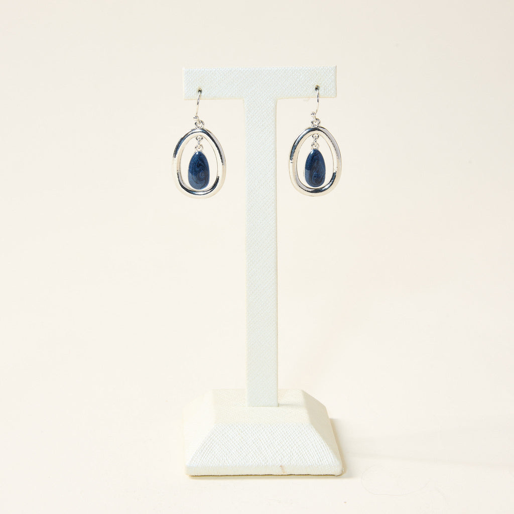 Blue Metal Oval Drop Fishhook Earrings