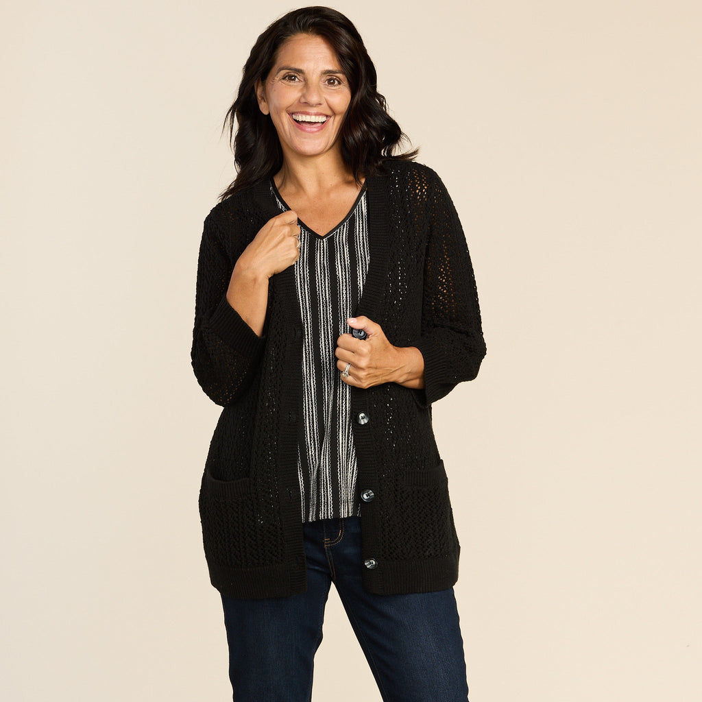 Open Knit Button Front 3/4 Sleeve Cardigan