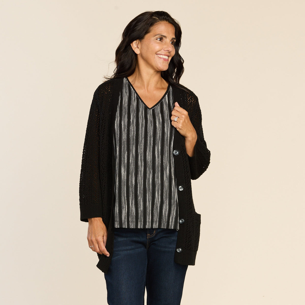 Open Knit Button Front 3/4 Sleeve Cardigan
