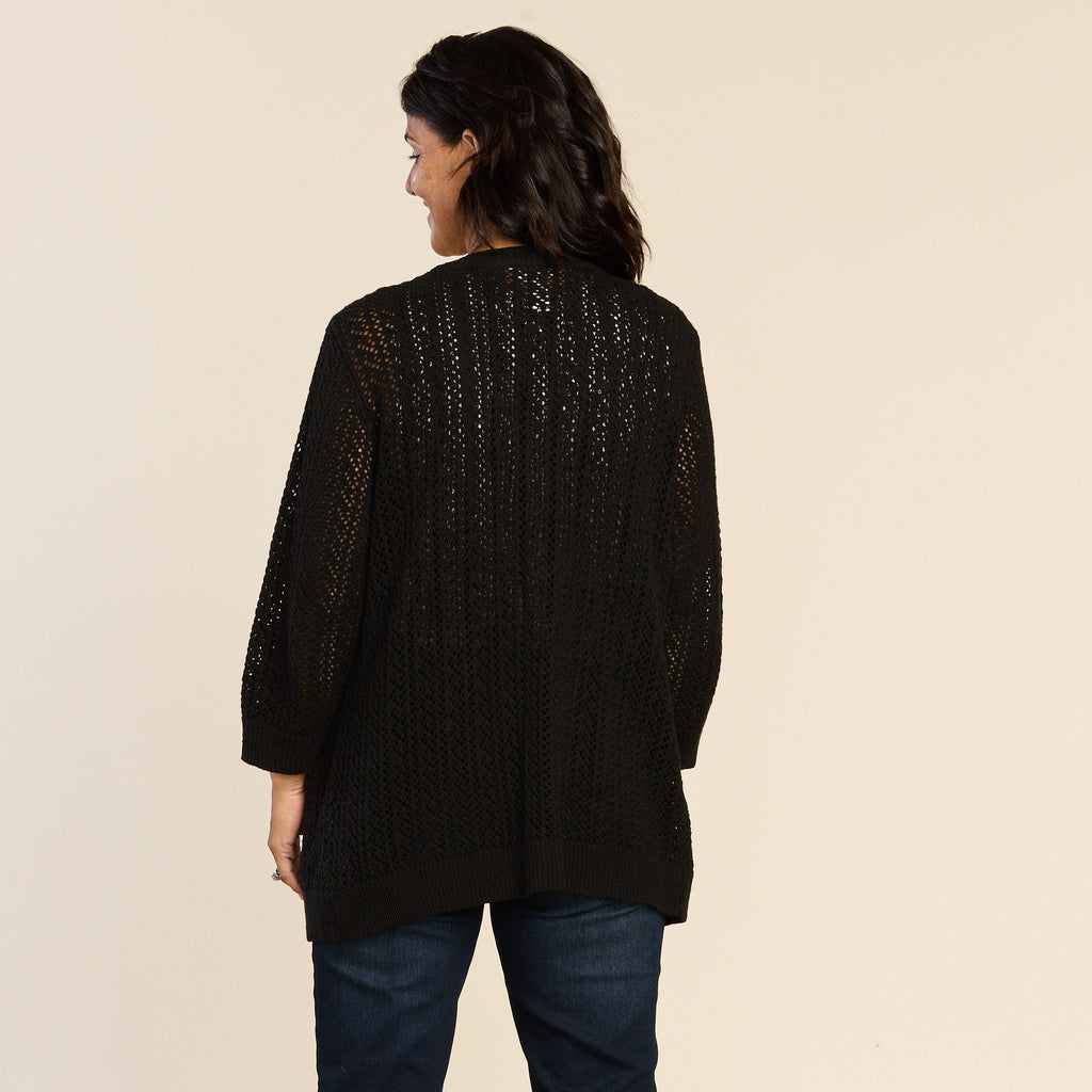 Open Knit Button Front 3/4 Sleeve Cardigan