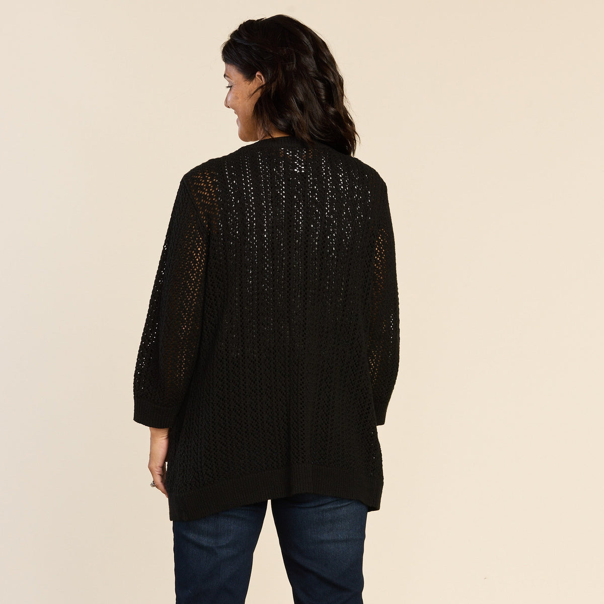 Open Knit Button Front 3/4 Sleeve Cardigan
