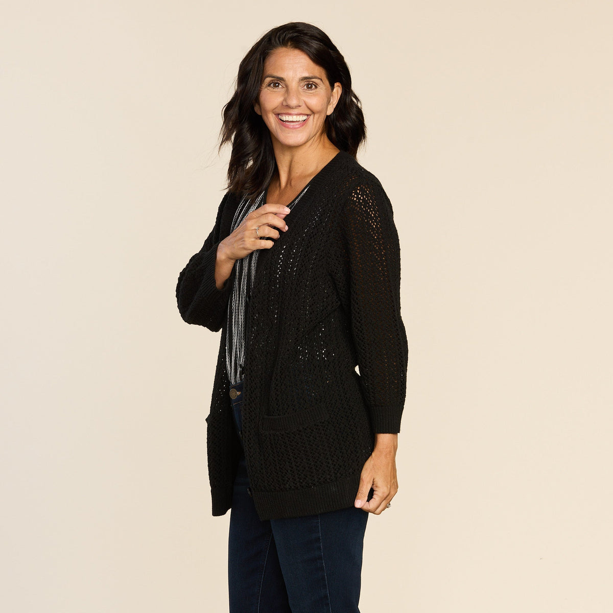 Open Knit Button Front 3/4 Sleeve Cardigan