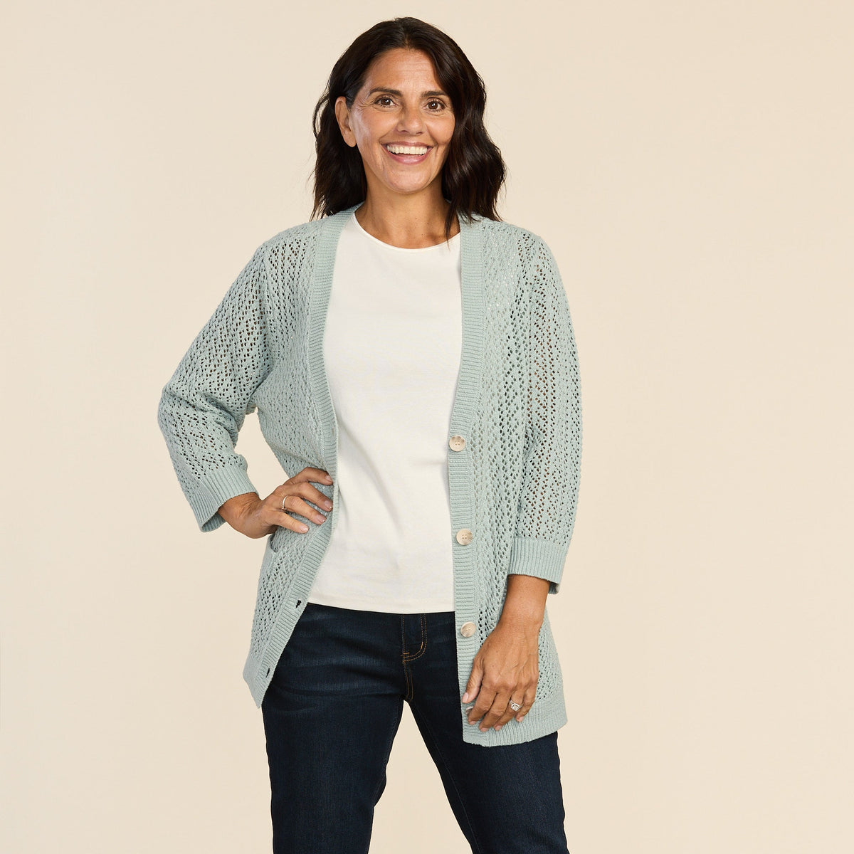 Open Knit Button Front 3/4 Sleeve Cardigan