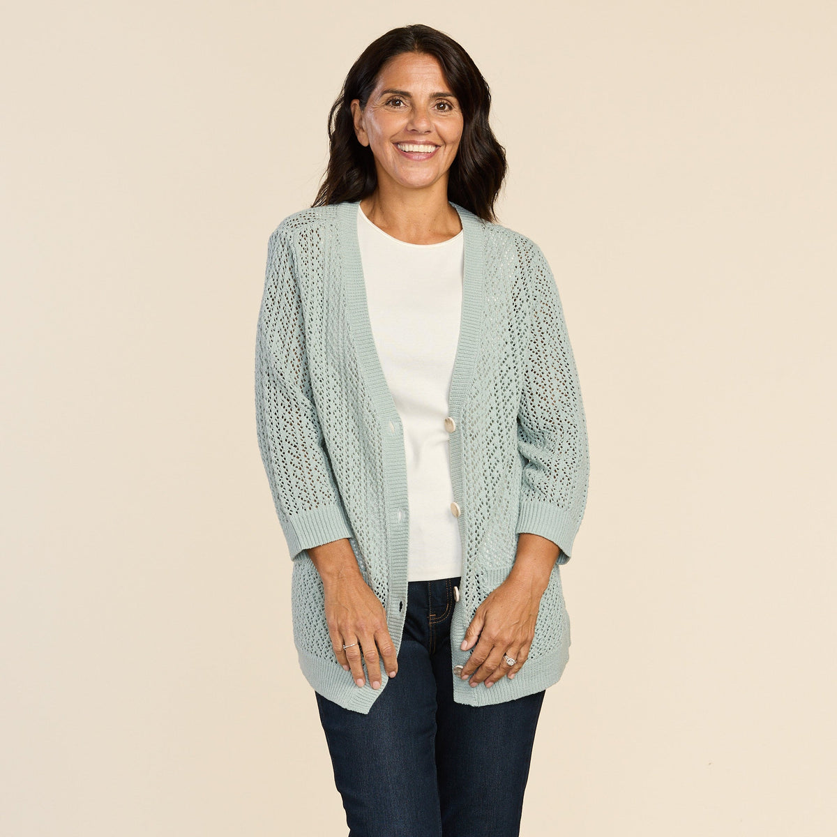 Open Knit Button Front 3/4 Sleeve Cardigan