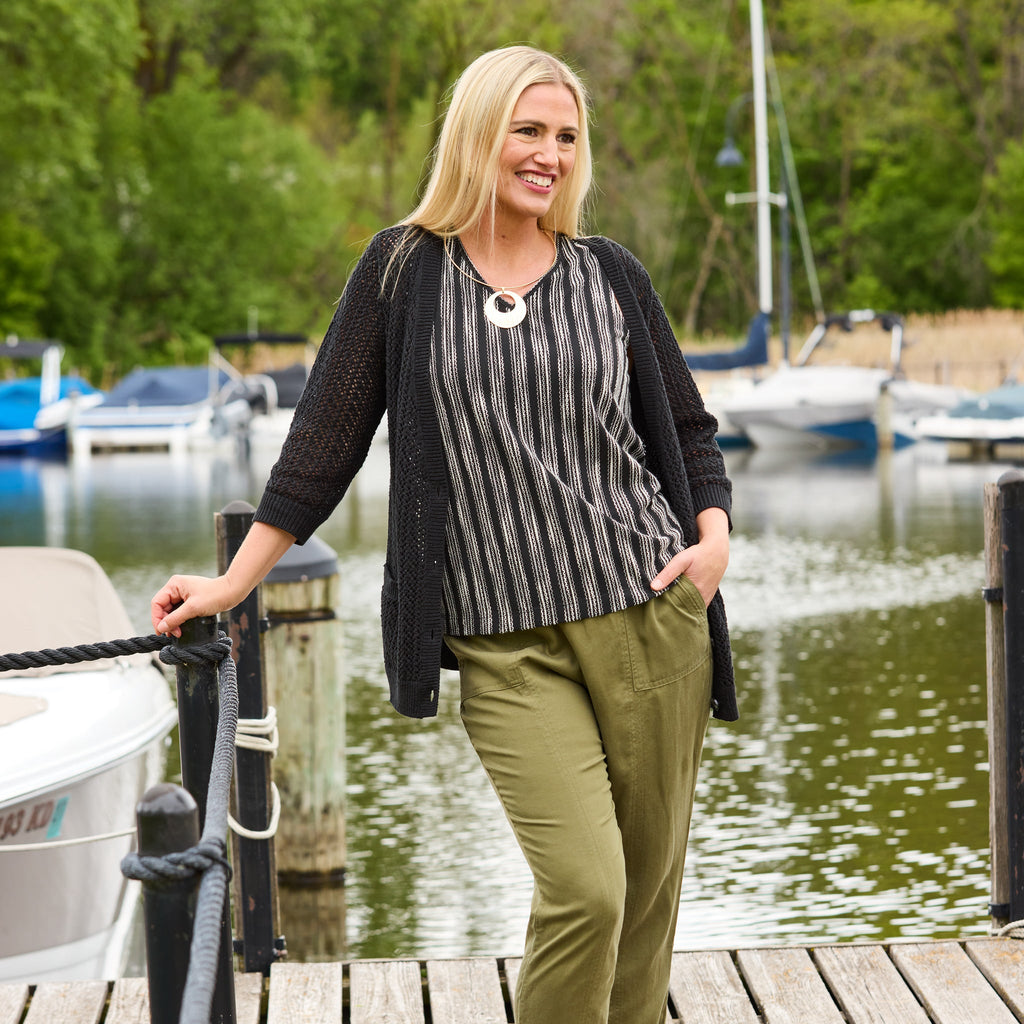 Open Knit Button Front 3/4 Sleeve Cardigan