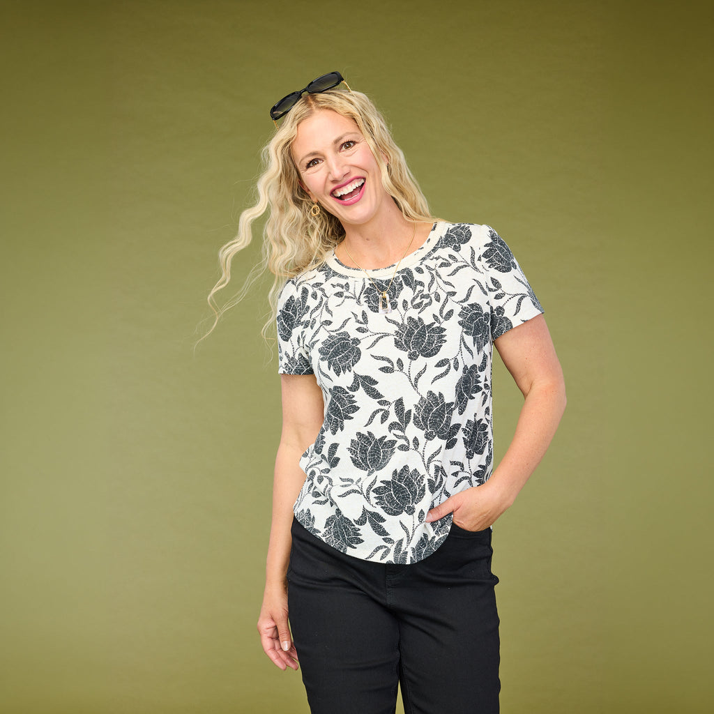 Botanical Print Braided Neckline Textured Tee