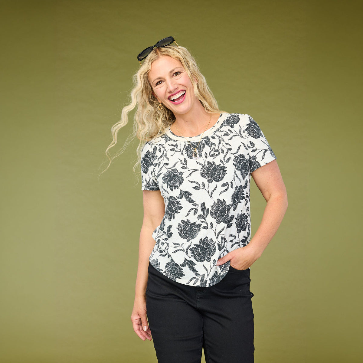Botanical Print Braided Neckline Textured Tee