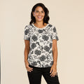 Botanical Print Braided Neckline Textured Tee
