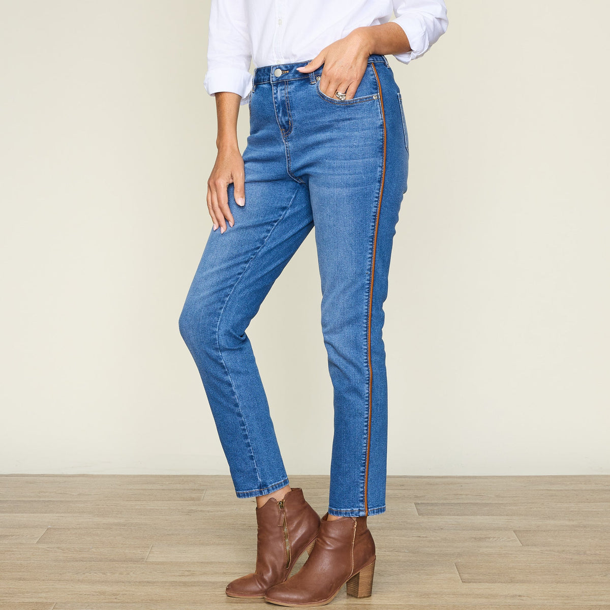 Shaped Fit Tapered Leg Faux Suede Side Detail Jean
