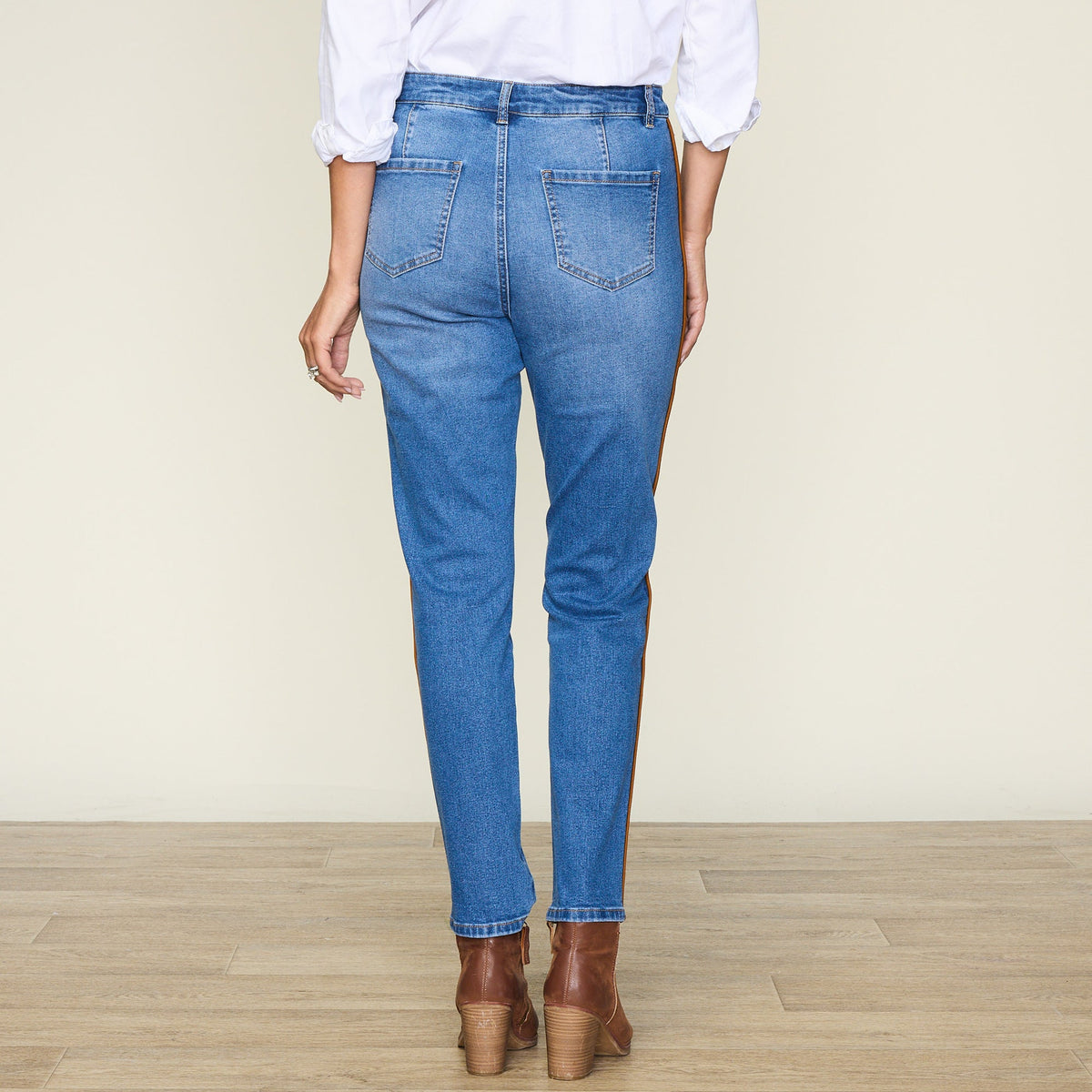 Shaped Fit Tapered Leg Faux Suede Side Detail Jean