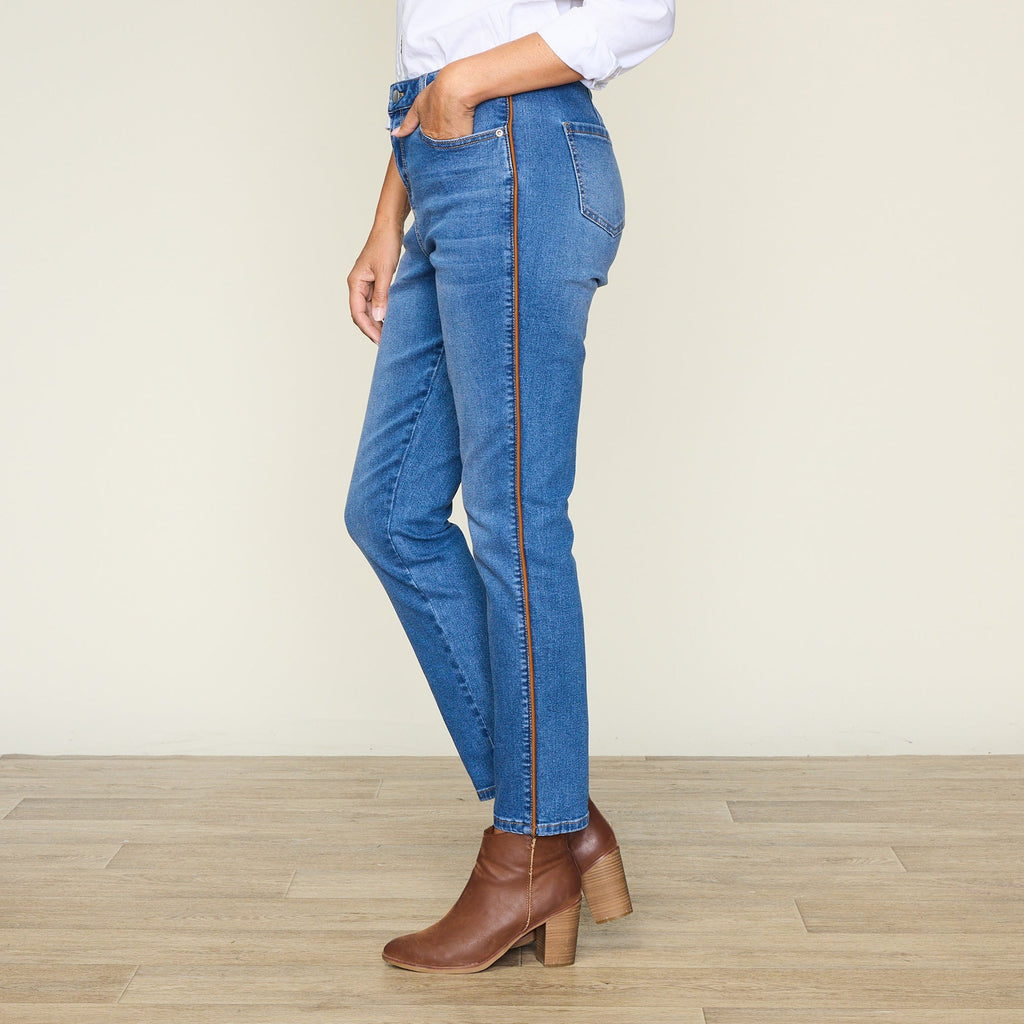 Shaped Fit Tapered Leg Faux Suede Side Detail Jean