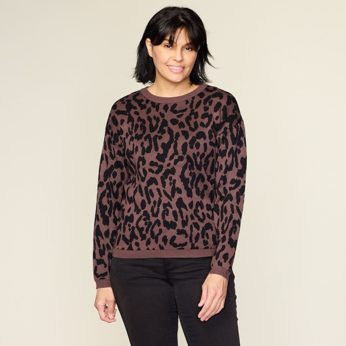 Leopard Double Knit Long Sleeve Sweater