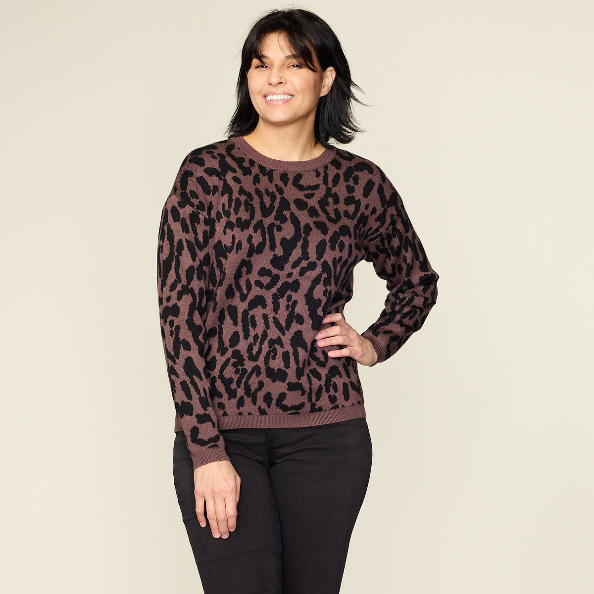 Leopard Double Knit Long Sleeve Sweater