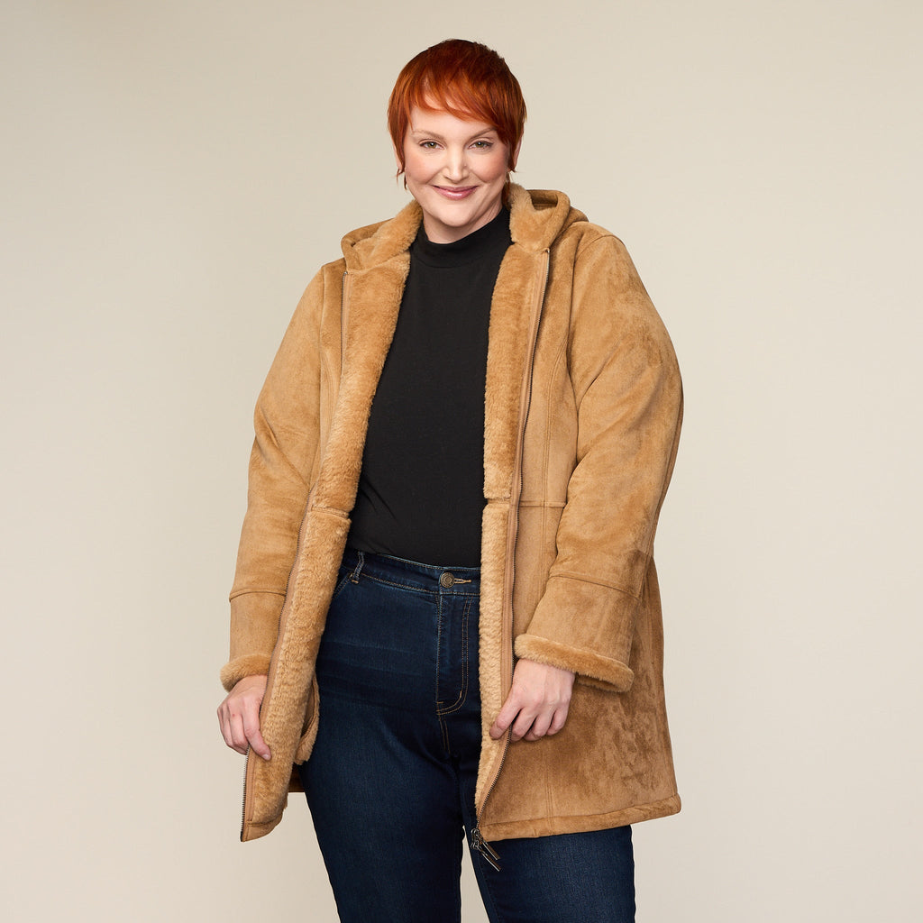 Faux Suede Fur Lined Hooded Coat