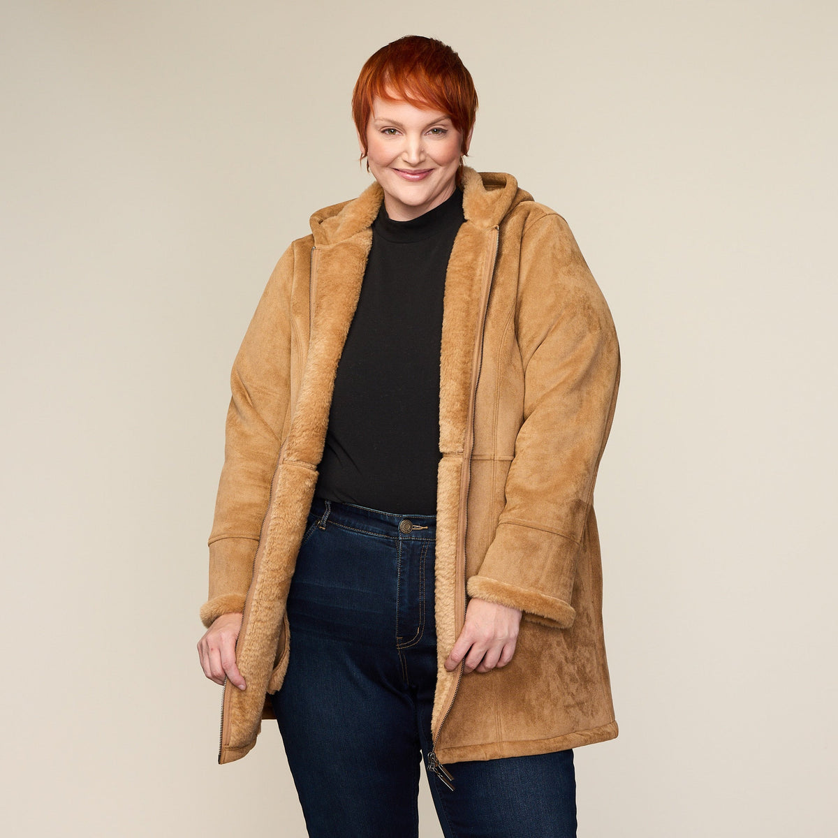 Faux Suede Fur Lined Hooded Coat