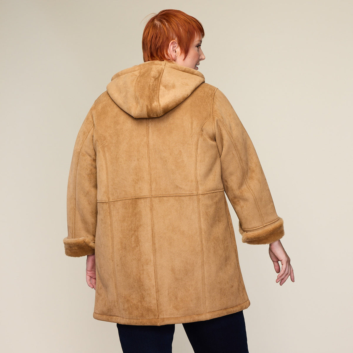 Faux Suede Fur Lined Hooded Coat