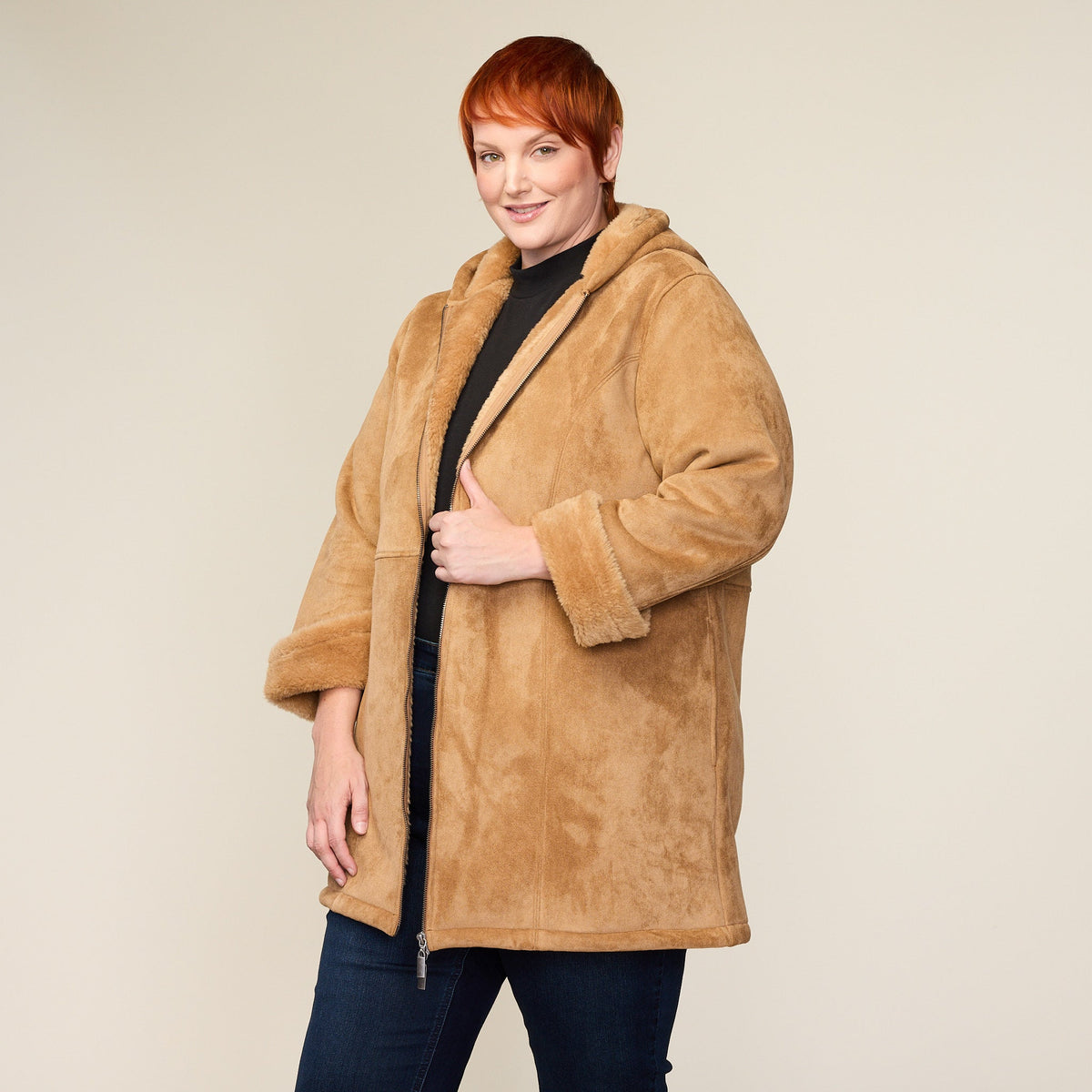 Faux Suede Fur Lined Hooded Coat