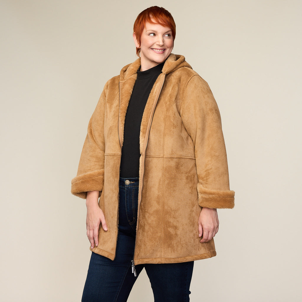 Faux Suede Fur Lined Hooded Coat