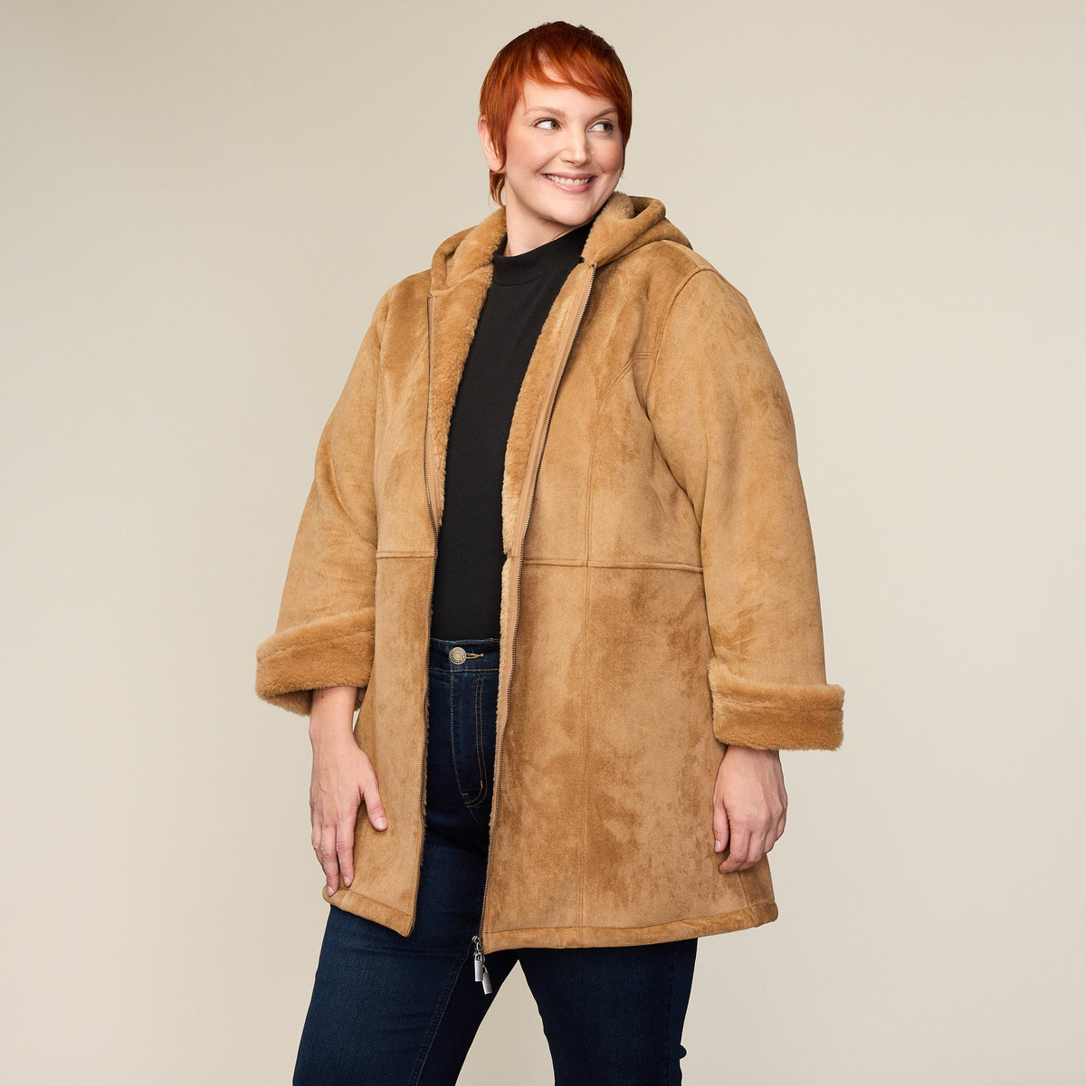 Faux Suede Fur Lined Hooded Coat