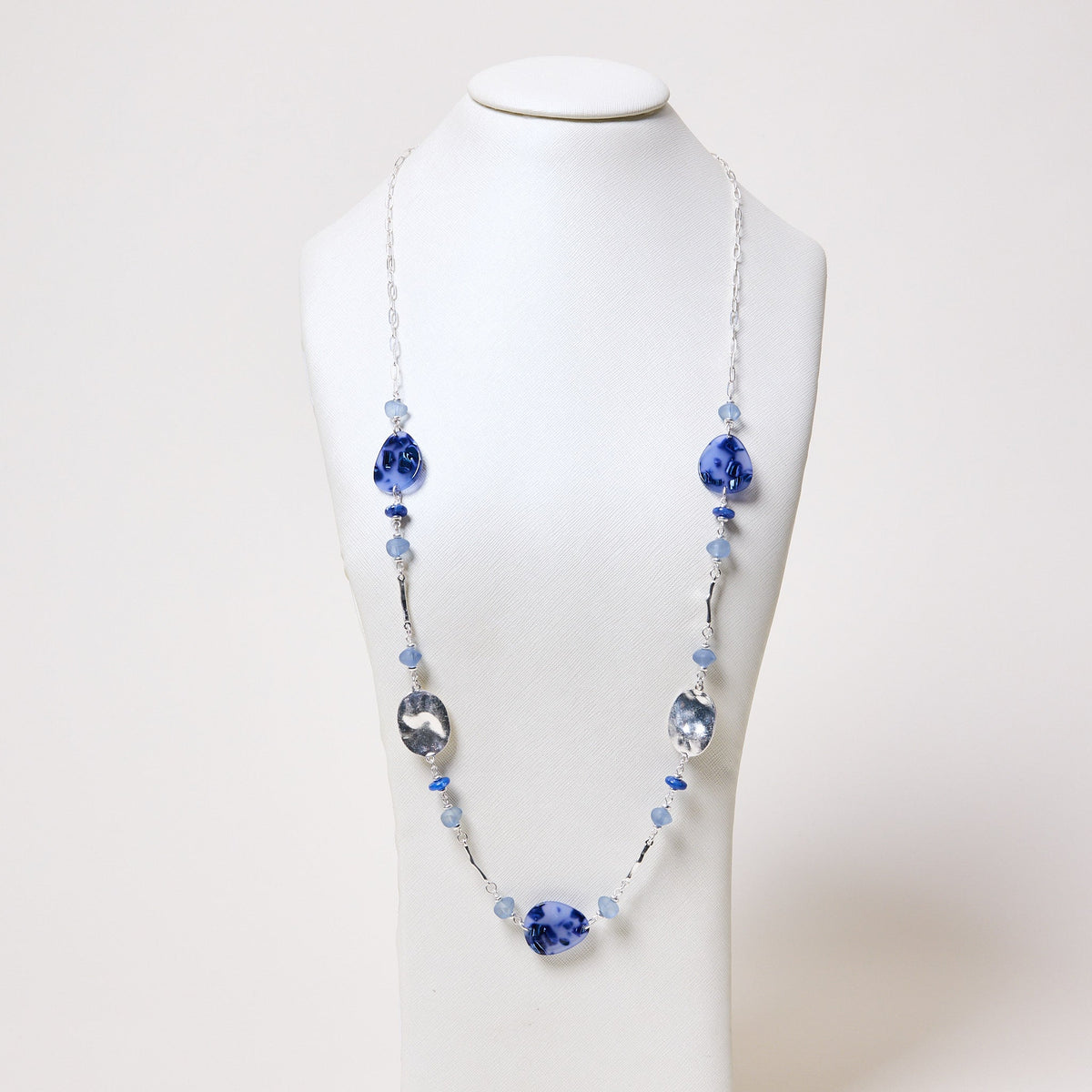 Long Silver Blue Beaded Necklace