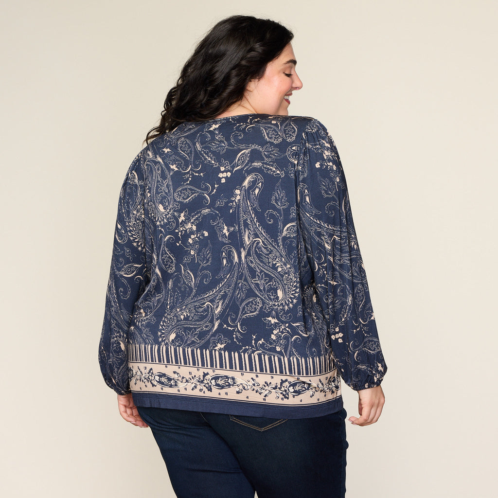 Paisley Border Print Tie Neck Top