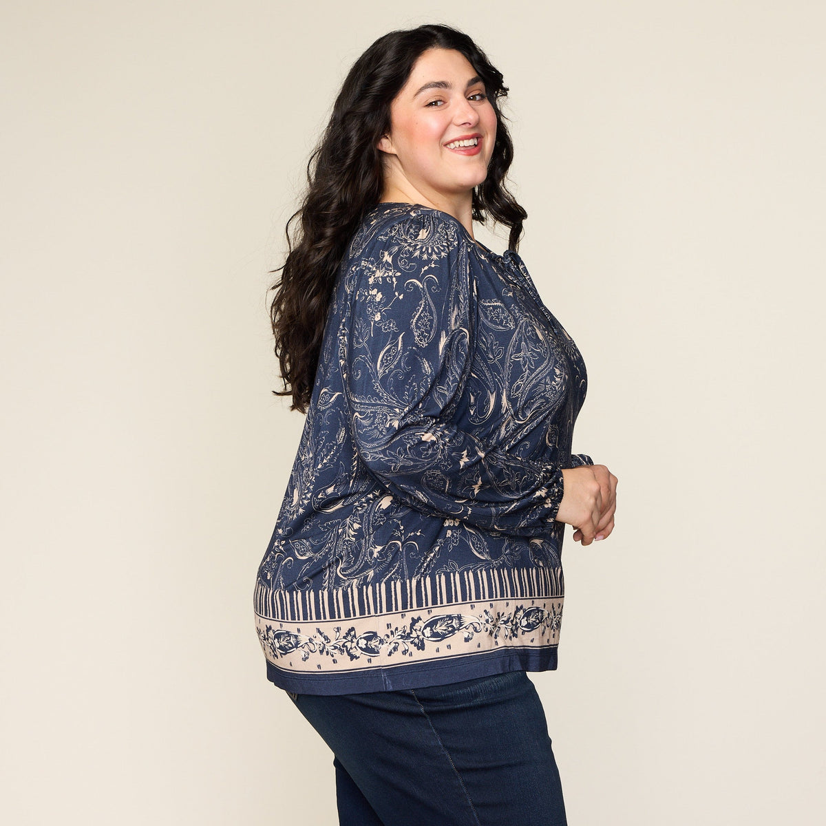 Paisley Border Print Tie Neck Top